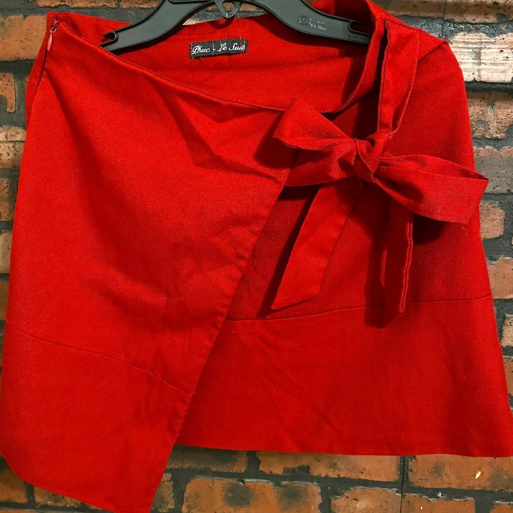 Red Tailored Tiny Short Skirt w/ Bow Tie Detail
